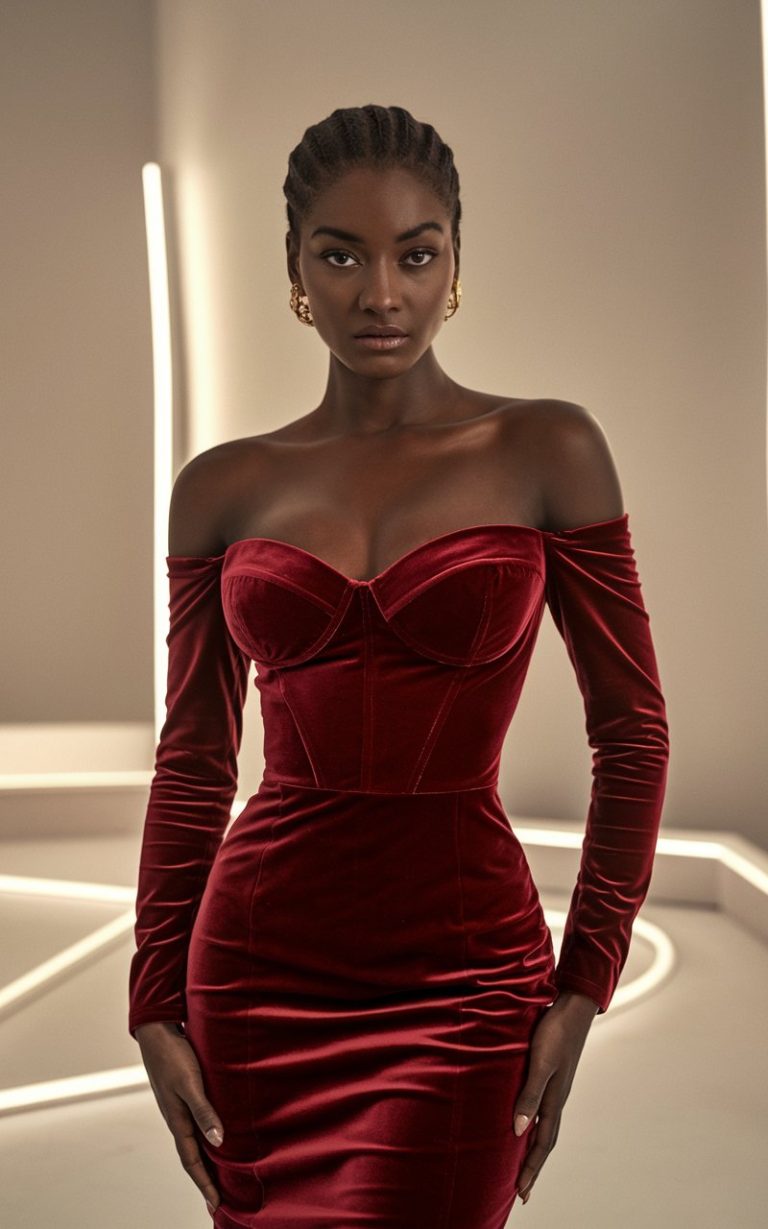 A close-up shot of a Black woman in a fitted, off-the-shoulder red velvet dress with a sweetheart neckline. The background is a minimalist studio with soft lighting, focusing on her radiant skin and the rich texture of the velvet. Her accessories include gold earrings and a sleek updo. Created Using: fashion editorial style, hd quality, soft ambient light, deep velvet textures, smooth contrasts, luxurious fashion, minimalist background, warm undertones