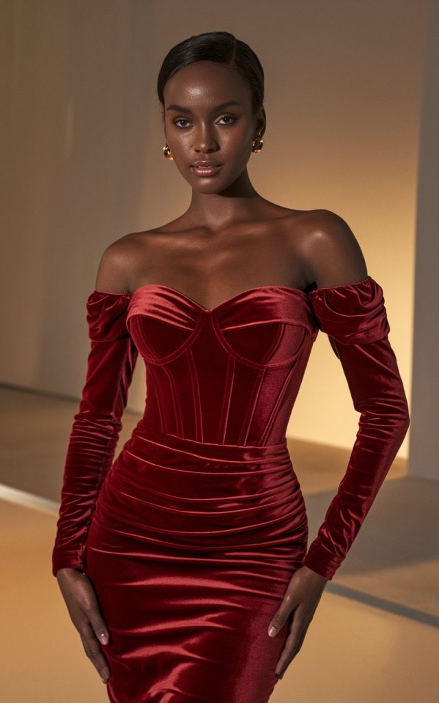 A close-up shot of a Black woman in a fitted, off-the-shoulder red velvet dress with a sweetheart neckline. The background is a minimalist studio with soft lighting, focusing on her radiant skin and the rich texture of the velvet. Her accessories include gold earrings and a sleek updo. Created Using: fashion editorial style, hd quality, soft ambient light, deep velvet textures, smooth contrasts, luxurious fashion, minimalist background, warm undertones